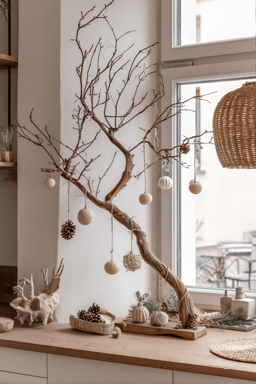 Korkenzieherhasel mit hängenden Weihnachtsornamenten als stilvolle Deko auf einer Fensterbank.