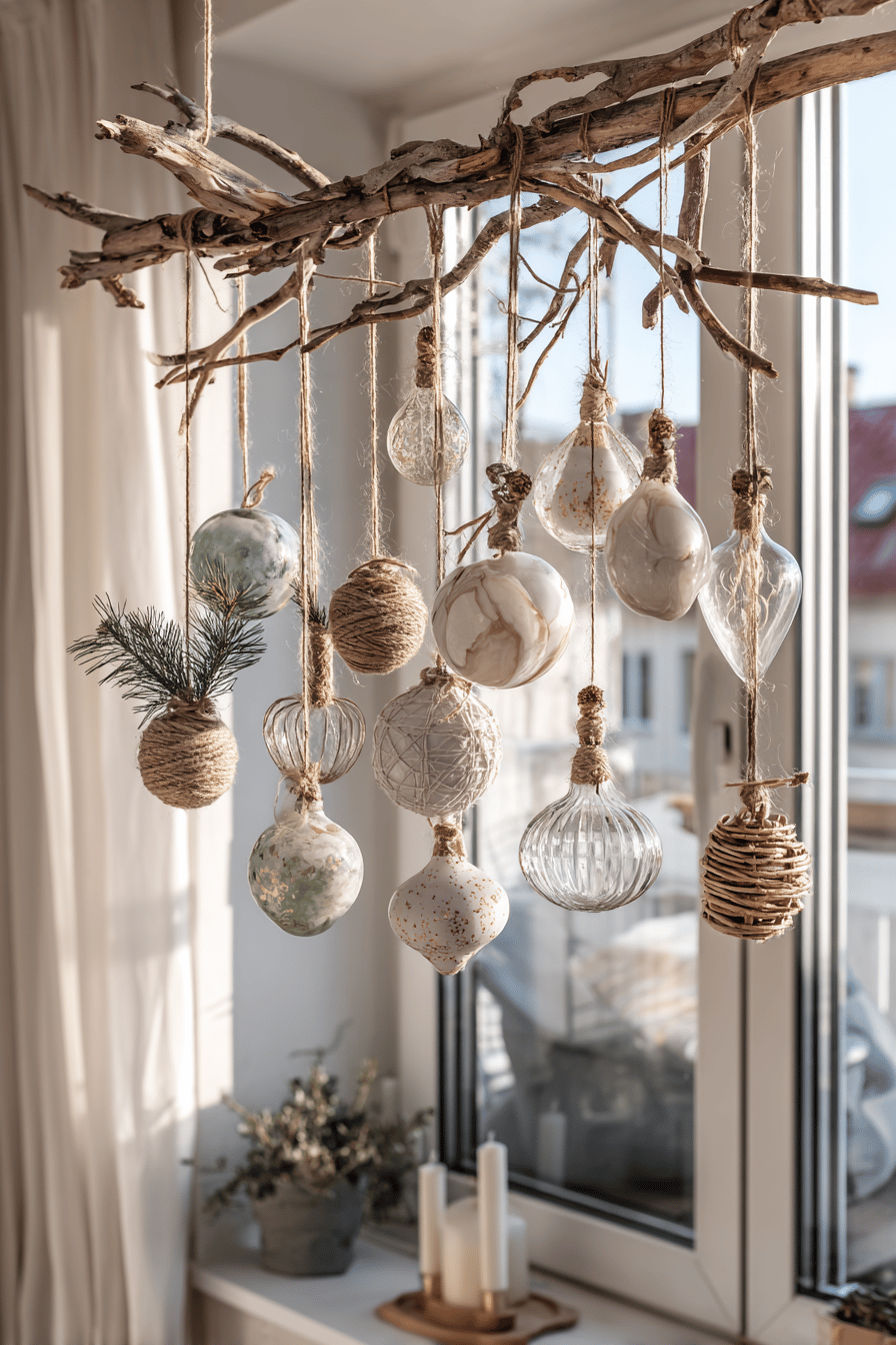 Ein hängender Ast mit verschiedenen dekorativen Ornamenten, die an Schnüren befestigt sind, vor einem Fenster.