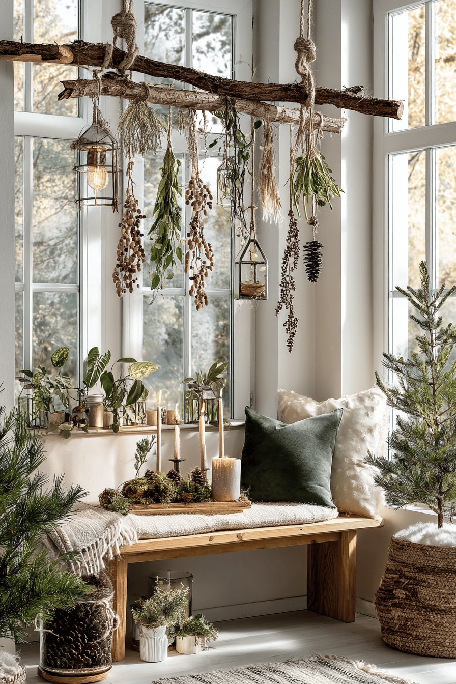Ein weihnachtlich dekoriertes Fenster mit hängenden Ästen, Laternen und Naturmaterialien.