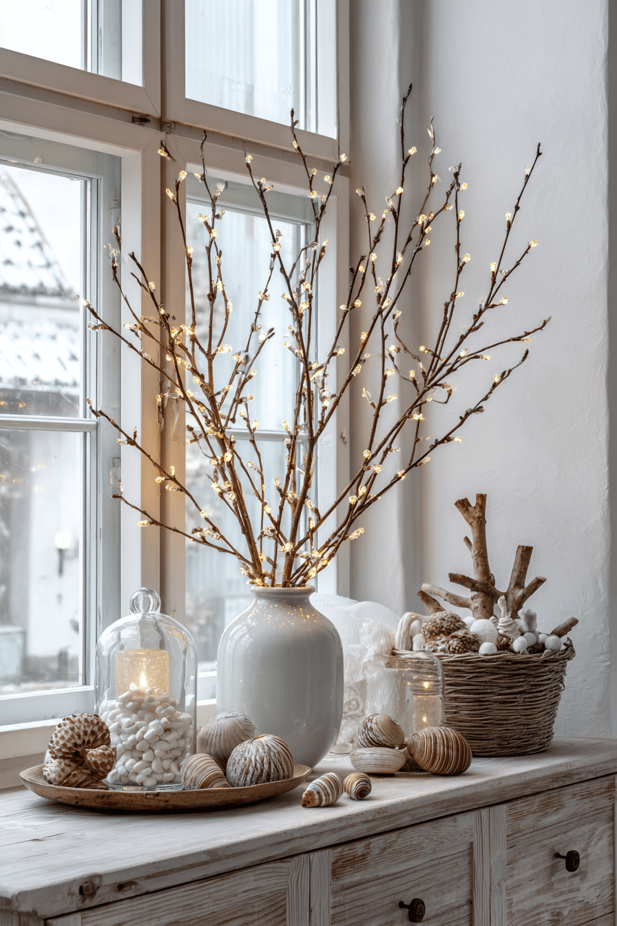 Vase mit beleuchteten Ästen und dekorativen Elementen auf einem Fensterbrett.