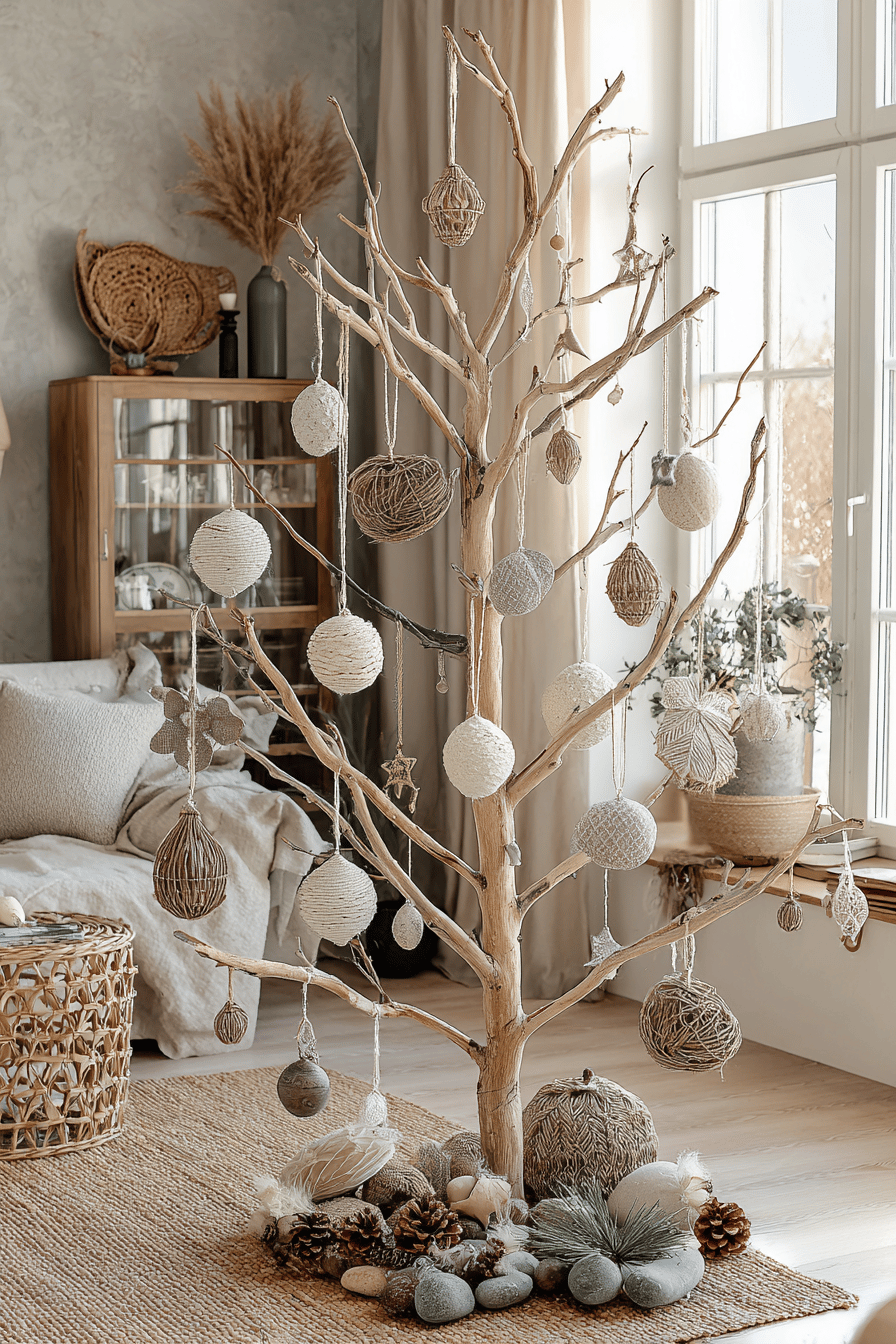 Natürlicher DIY-Weihnachtsbaum aus Ästen mit minimalistischer Dekoration aus Schnüren und Kugeln.