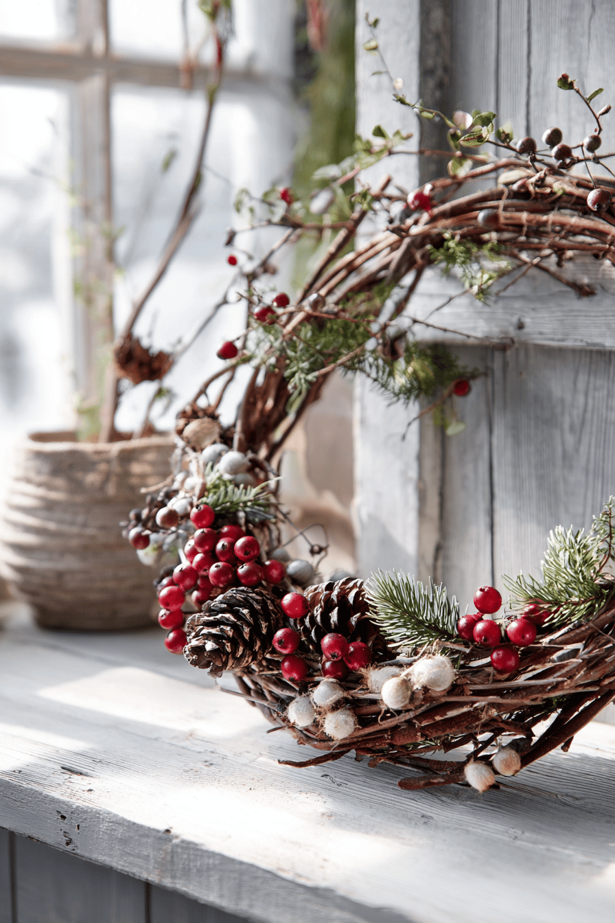 Rustikale Astgirlande mit roten Beeren und Zapfen auf einem Fensterbrett.