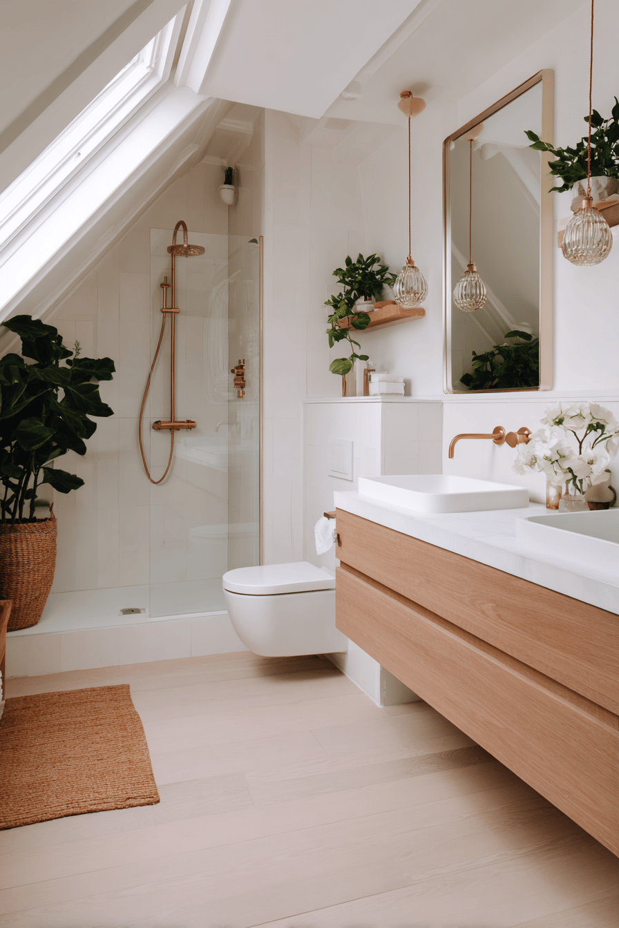 Modernes Badezimmer mit Dachschräge, Holzwaschtisch und Pflanzen