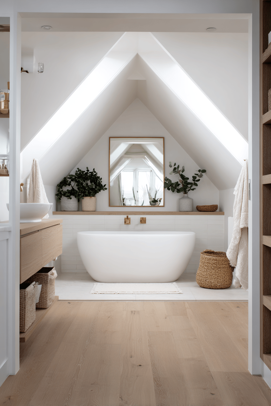 Badezimmer mit Dachschräge, freistehender Badewanne und großem Spiegel an der Stirnwand