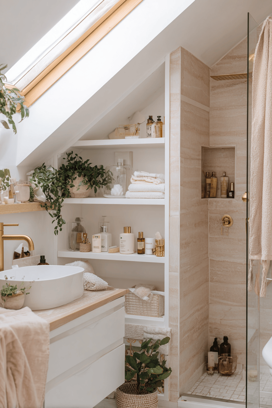 Offene Regale und Duschnische in einem Badezimmer mit Dachschräge