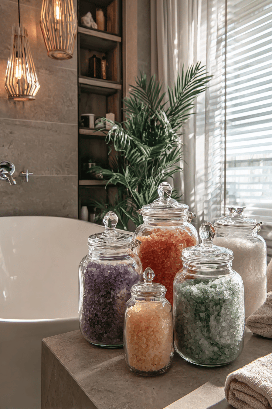 Verschiedene dekorative Gläser gefüllt mit buntem Badesalz neben einer Badewanne.