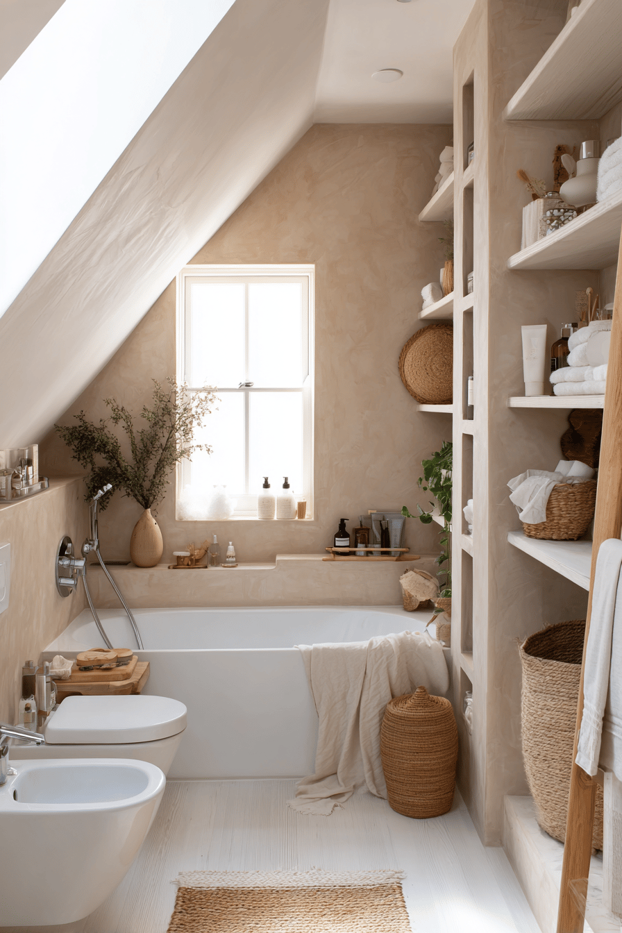 Helles Badezimmer mit Dusch-Badewanne unter einer Dachschräge und natürlichen Deko-Elementen