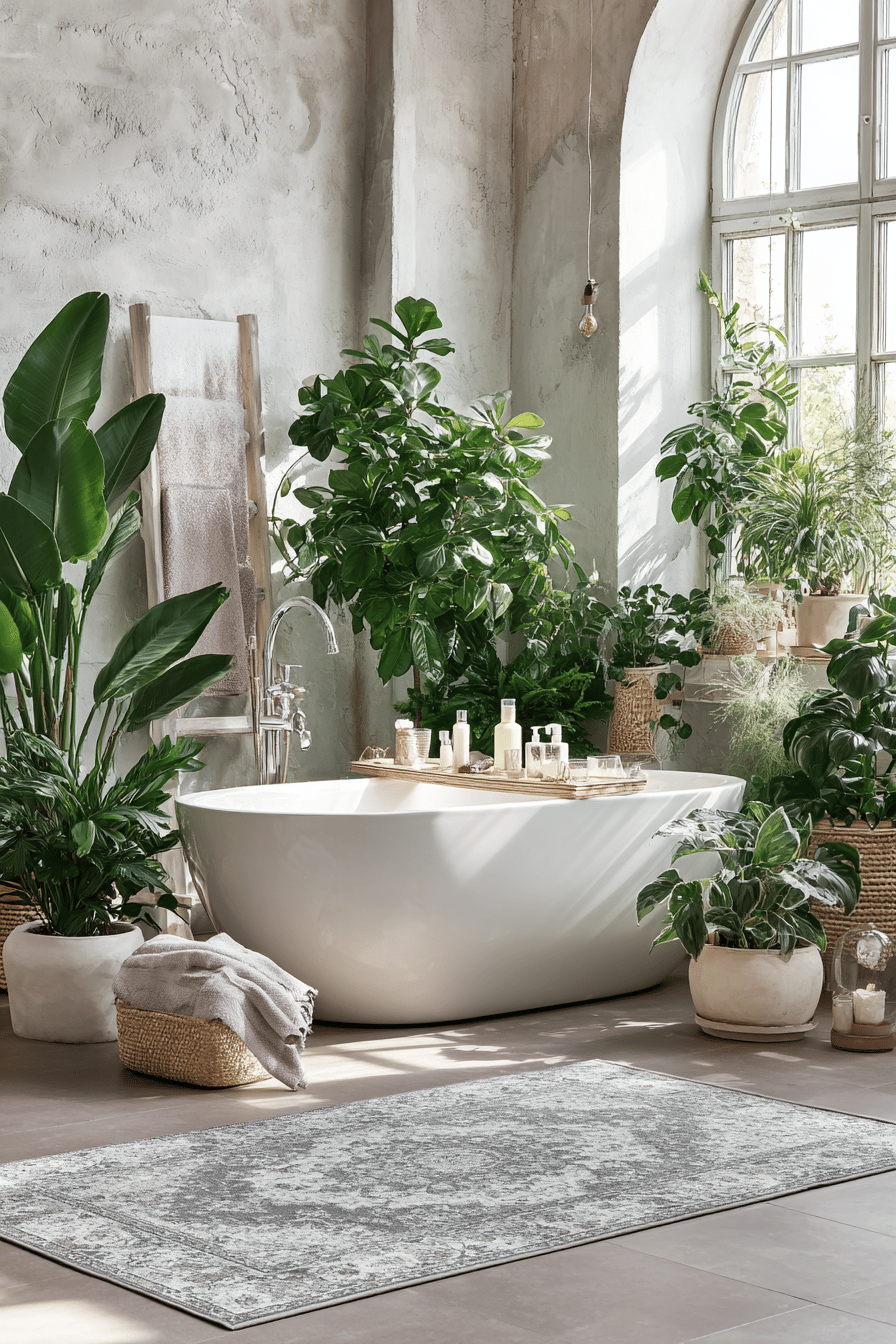 Elegantes Badezimmer mit freistehender Badewanne und zahlreichen Pflanzen
