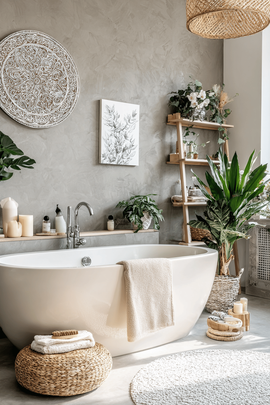 Stilvolles Badezimmer mit Wandbildern, Pflanzen und Dekorationen rund um eine moderne Badewanne.