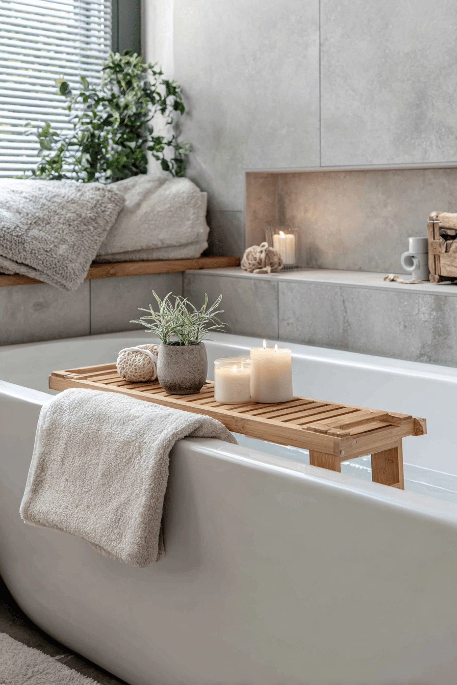 Eine stilvoll dekorierte Badewanne mit Holzablage, Kerzen und Pflanzen.