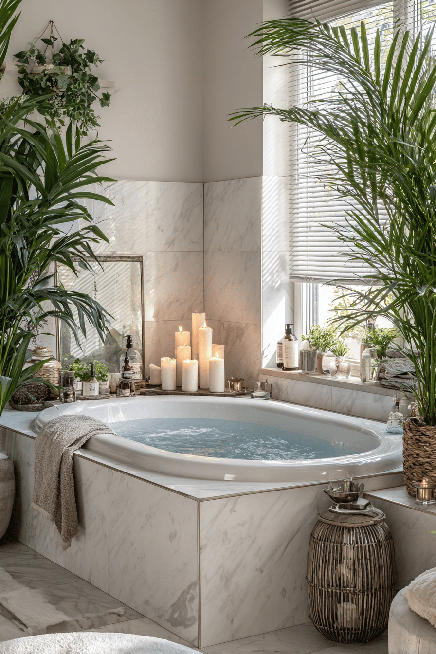 Eine luxuriöse Badewanne mit Marmorakzenten, umgeben von Pflanzen, Kerzen und Accessoires im eleganten Badezimmer.