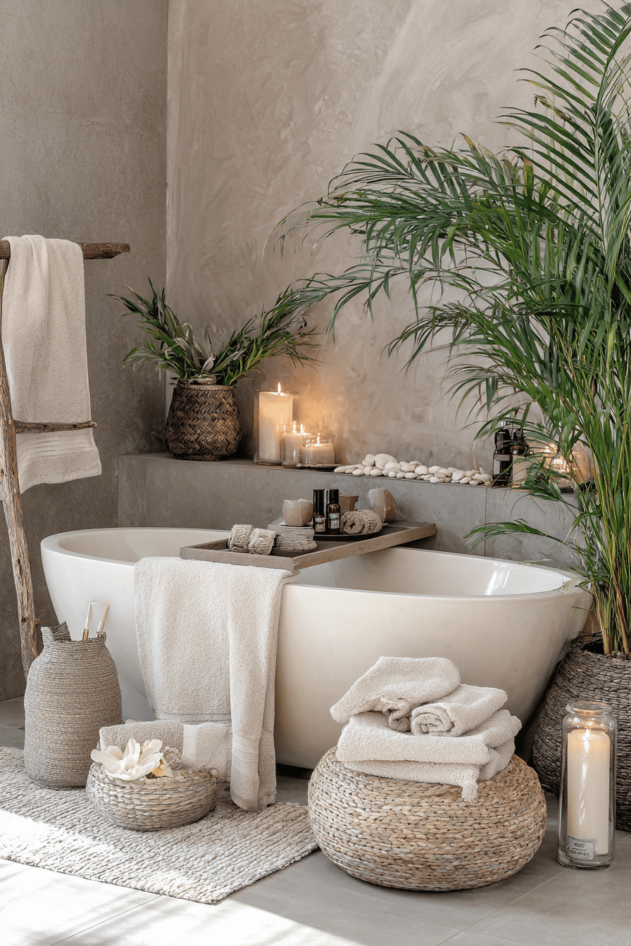 Eine stilvoll dekorierte Badewanne mit Kerzen, Handtüchern und Pflanzen für ein entspannendes Ambiente.