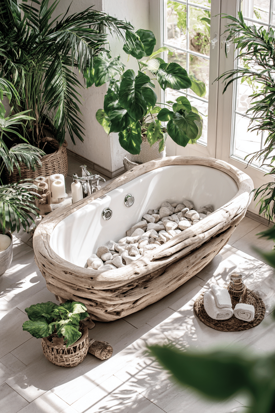 Eine Badewanne aus Treibholz, umgeben von grünen Pflanzen und natürlichem Licht.