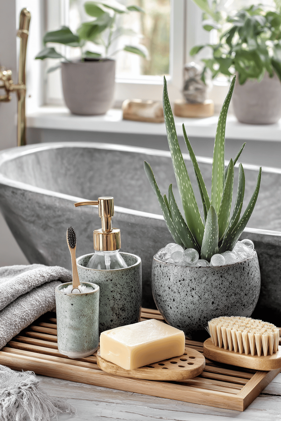 Eine stilvolle Badewannen-Dekoration mit Pflanzen, Seifenspender und Bürste auf einem Holztablett.