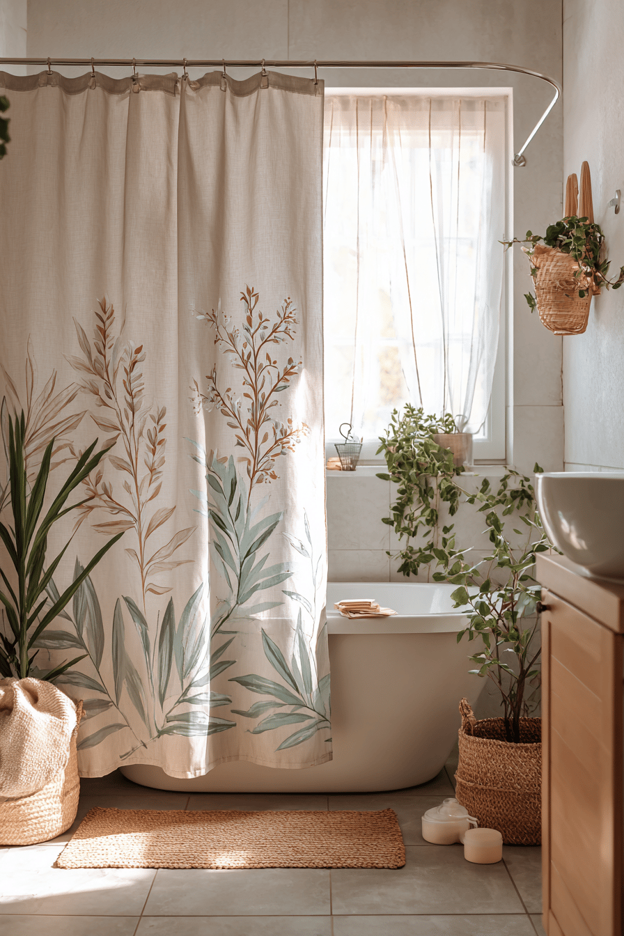 Bad mit Duschvorhang, Pflanzen und Accessoires für entspannende Deko.