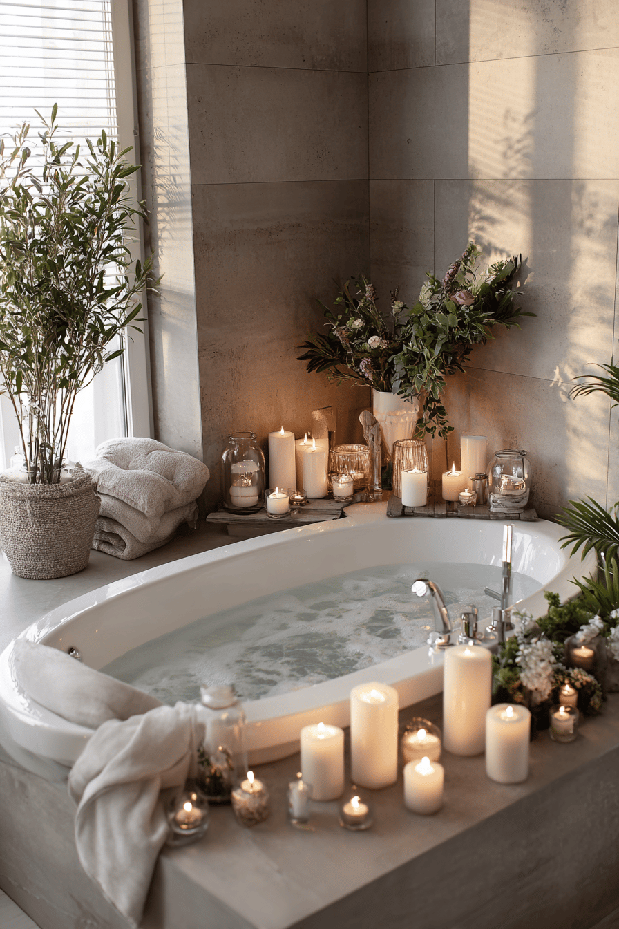 Eine stilvoll dekorierte Badewanne mit Kerzen und Blumen umgeben, die eine romantische Atmosphäre schaffen.