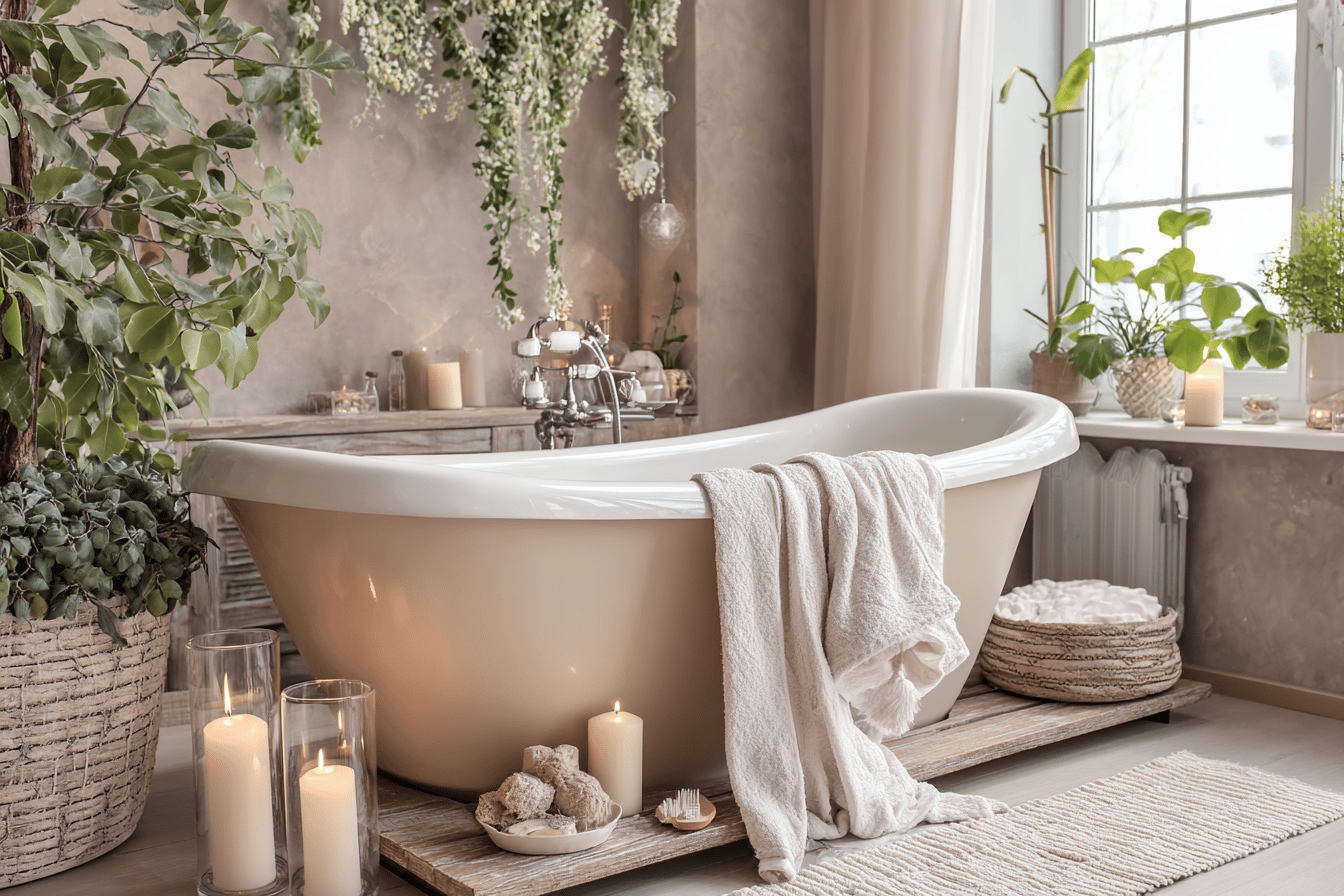 Elegantes Bad mit Pflanzen und Kerzen