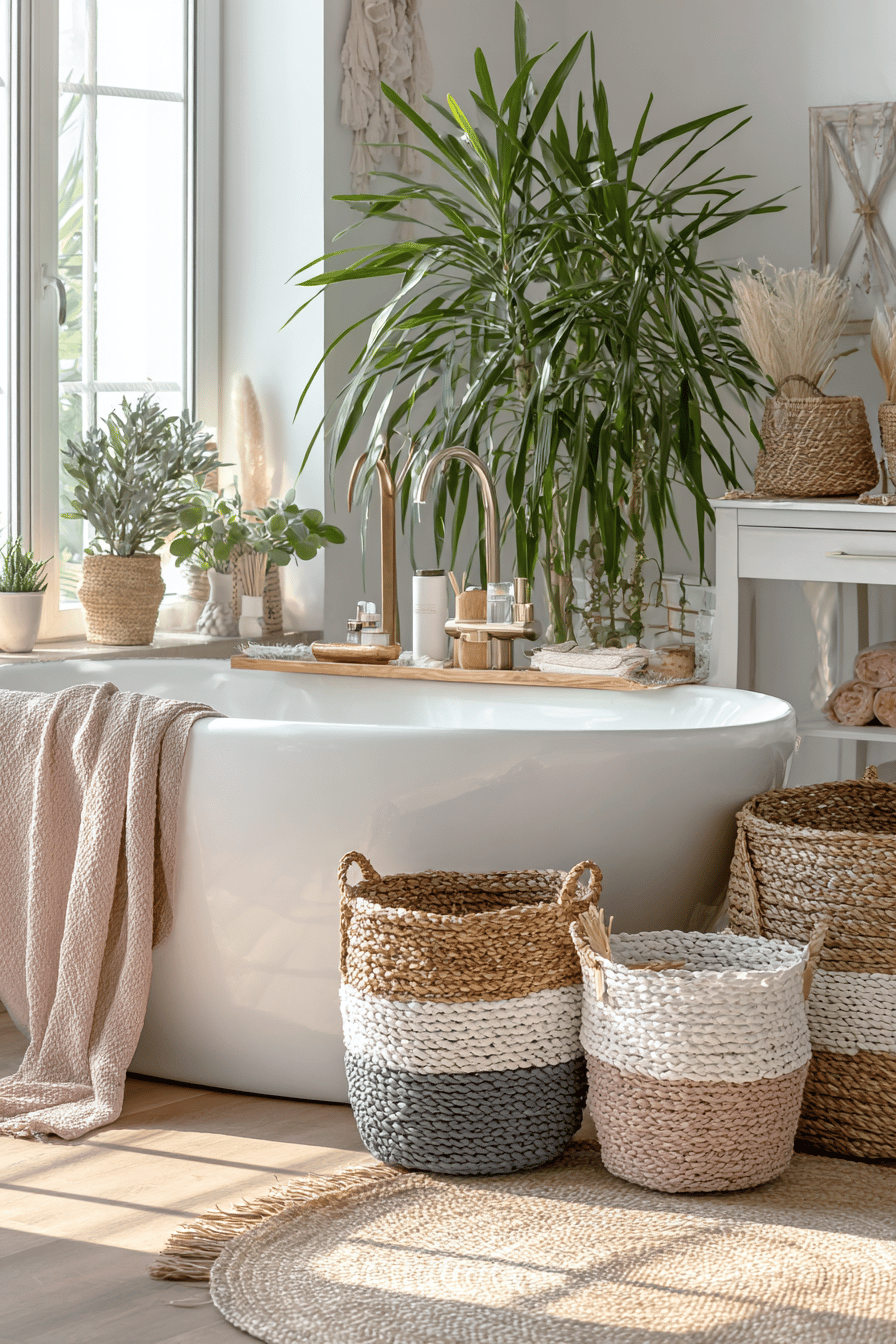 Eine stilvolle Badezimmerdekoration mit Pflanzen und Körben rund um eine freistehende Badewanne.