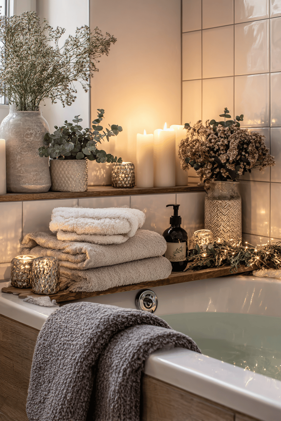 Luxuriös dekoriertes Badezimmer mit Kerzen, Handtüchern und Pflanzen.