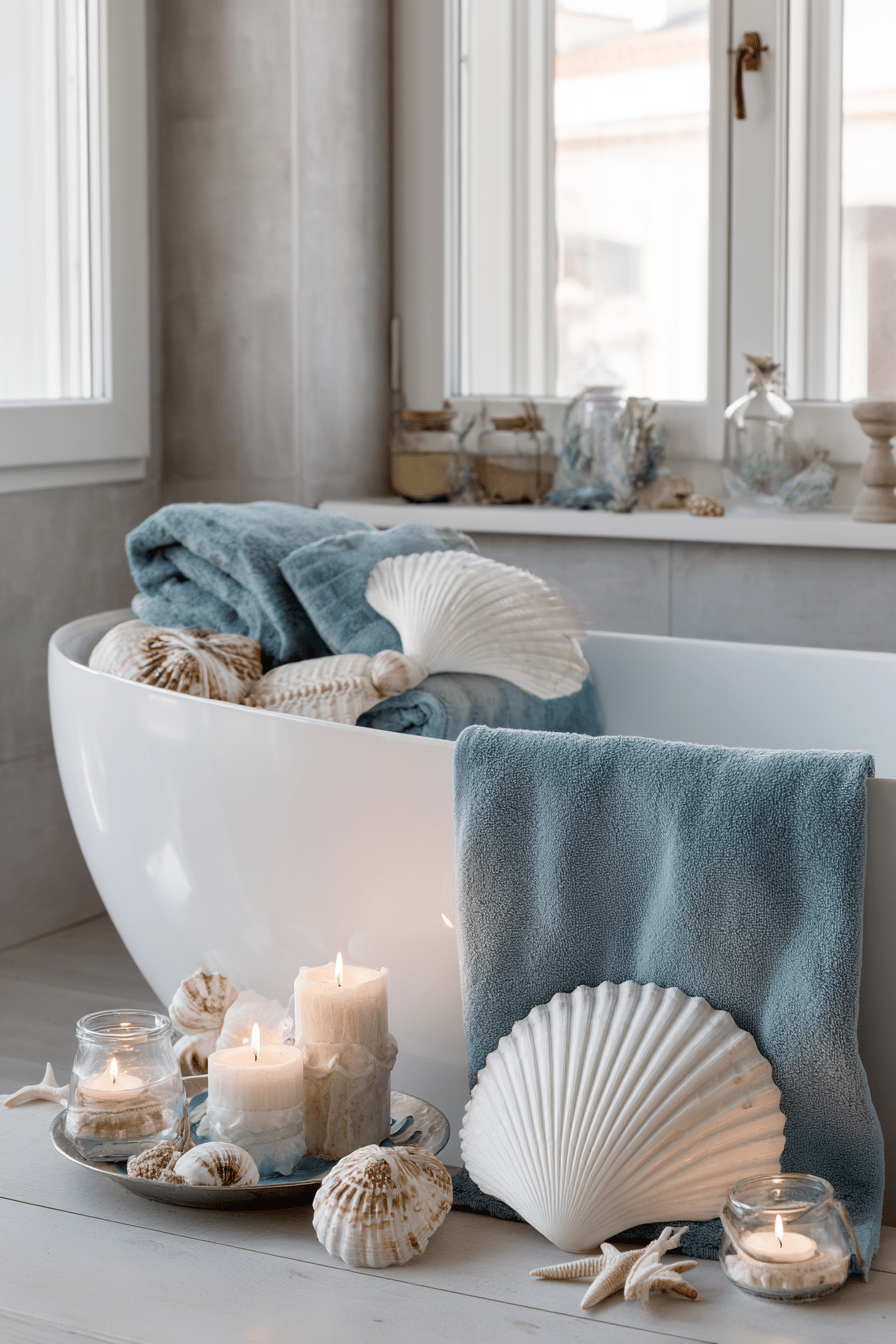 Eine elegant dekorierte Badewanne mit blauen Handtüchern, Muscheln, Kerzen und maritimen Akzenten.