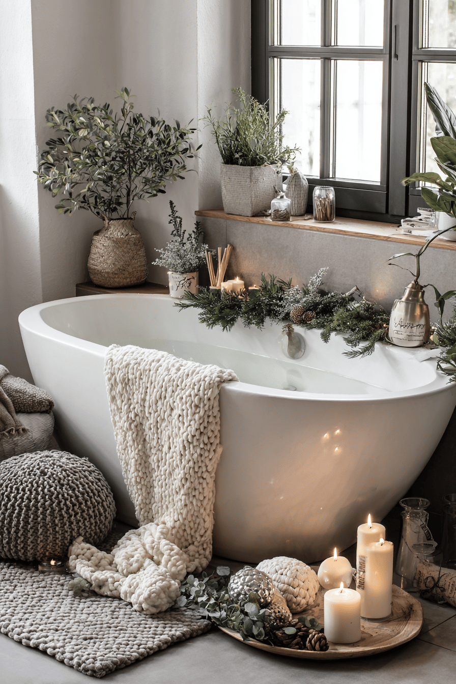 Dekorative Badewanne mit Pflanzen, Kerzen und Stoffen umgeben.