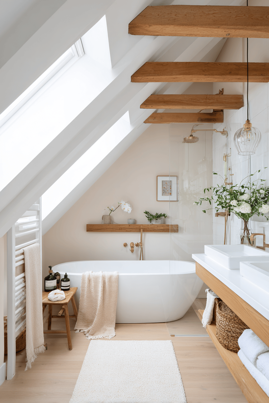Helles Badezimmer mit freiliegenden Holzbalken und freistehender Badewanne unter der Dachschräge