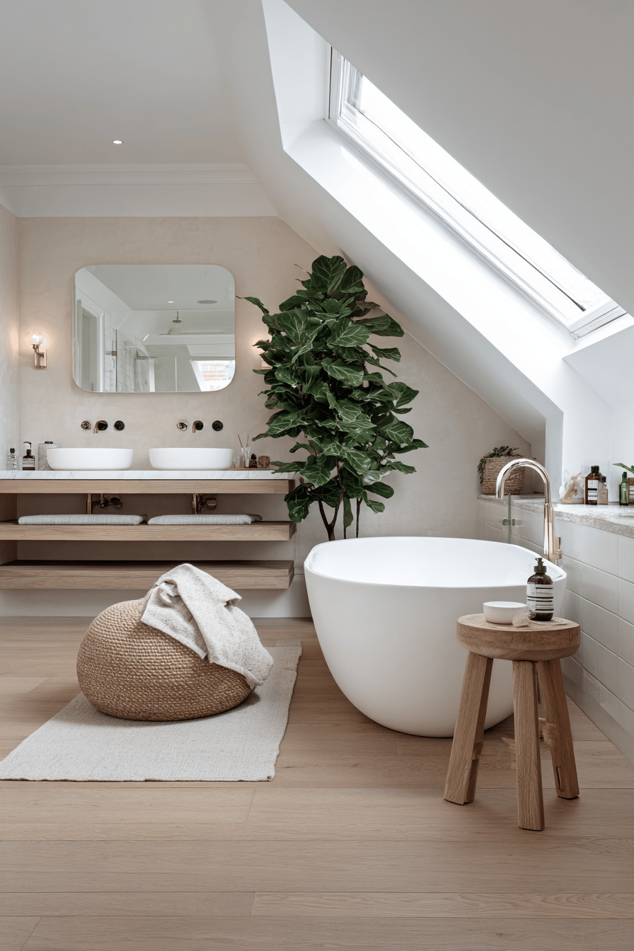 Gemütliches Badezimmer mit freistehender Badewanne und flexiblen Hockern unter der Dachschräge