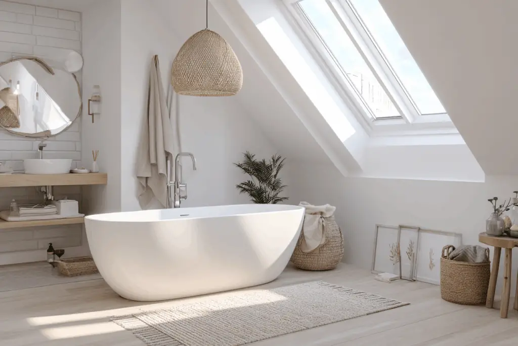 Helles Badezimmer mit Dachschräge, Badewanne und natürlichen Materialien