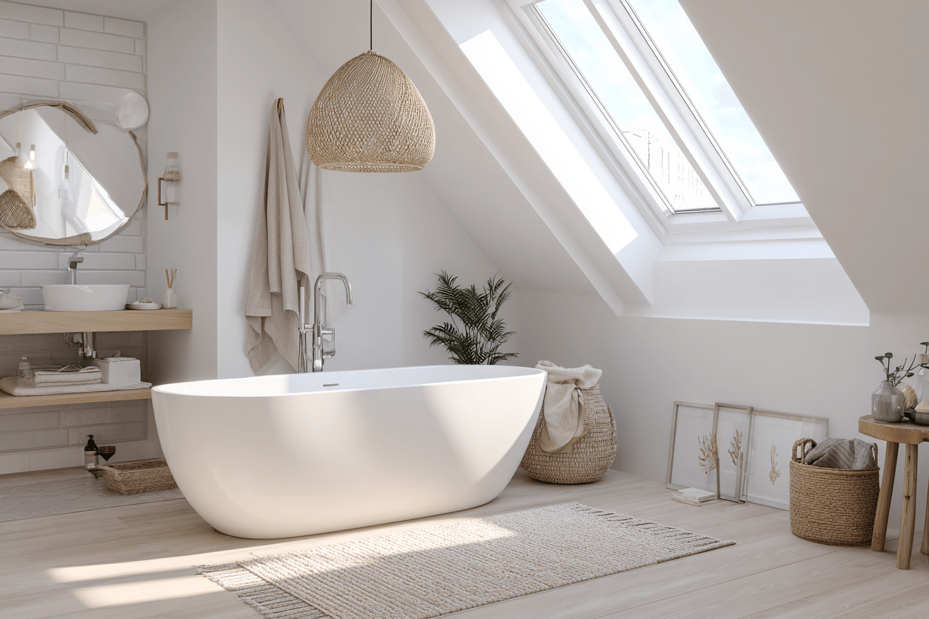 Helles Badezimmer mit Dachschräge, Badewanne und natürlichen Materialien