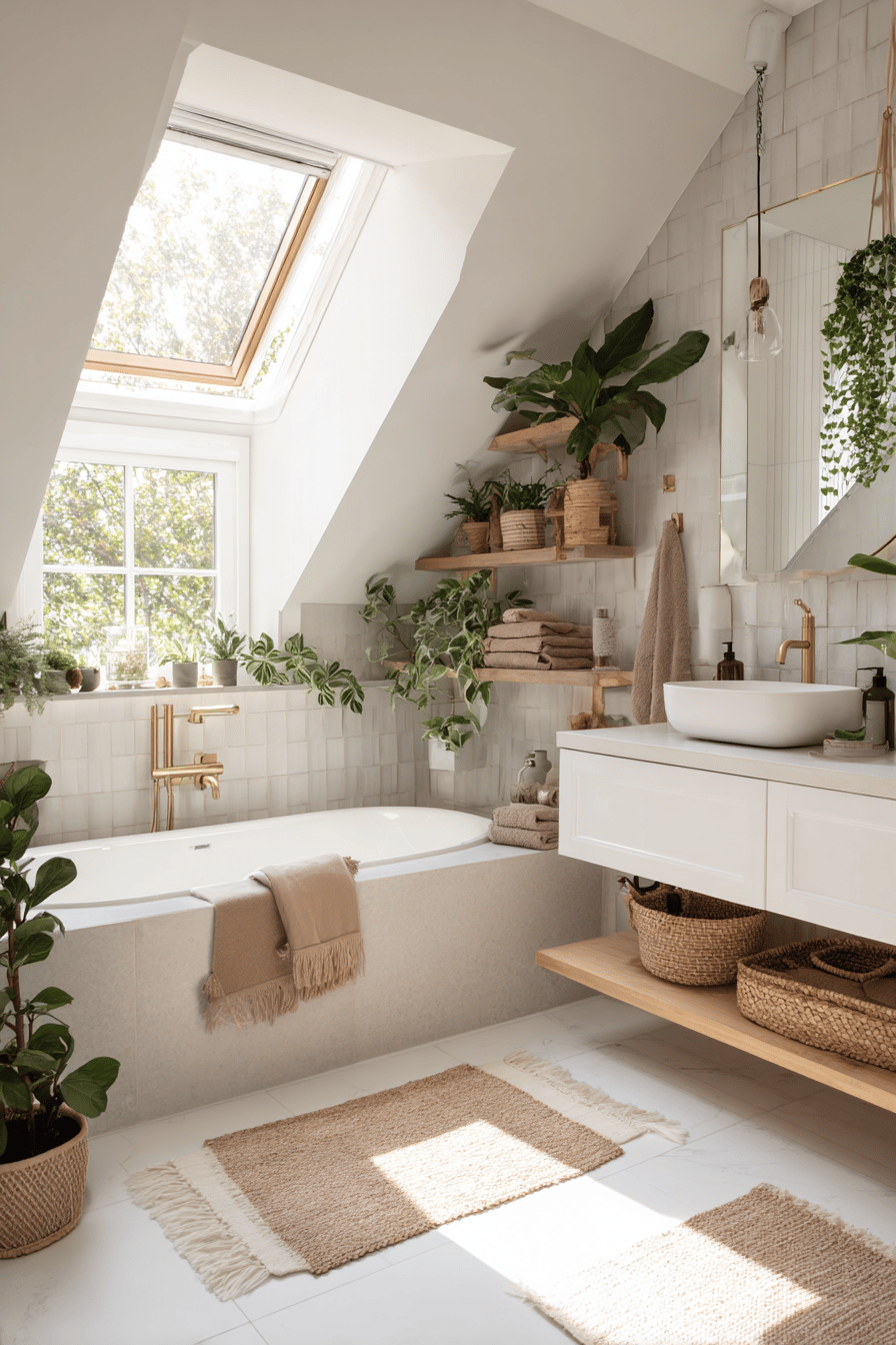 Badezimmer mit Dachschräge, Pflanzen auf dem Fenster-Sims und Holzdetails