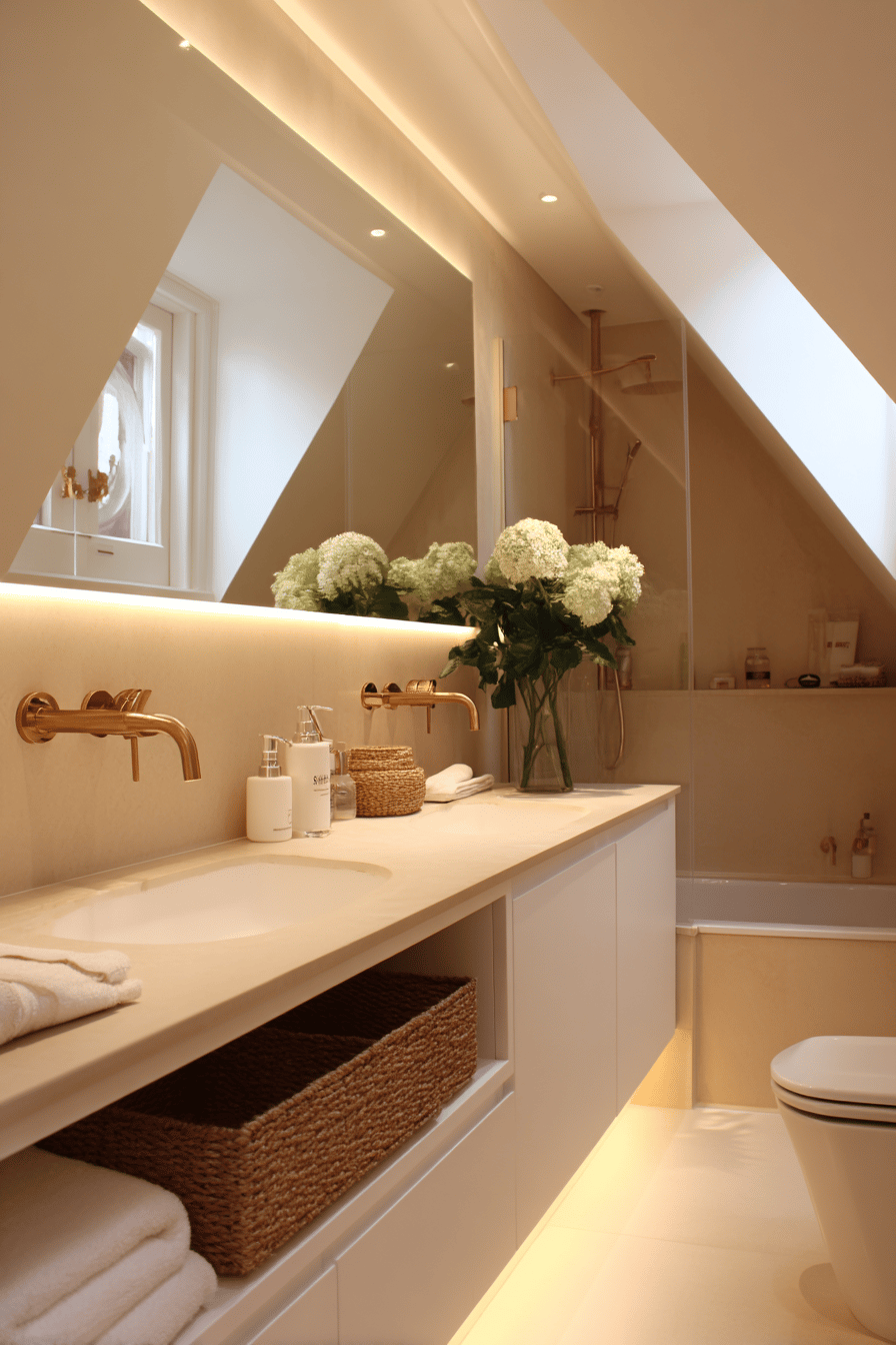 Modernes Badezimmer unter der Dachschräge mit indirekter Beleuchtung und goldenen Armaturen