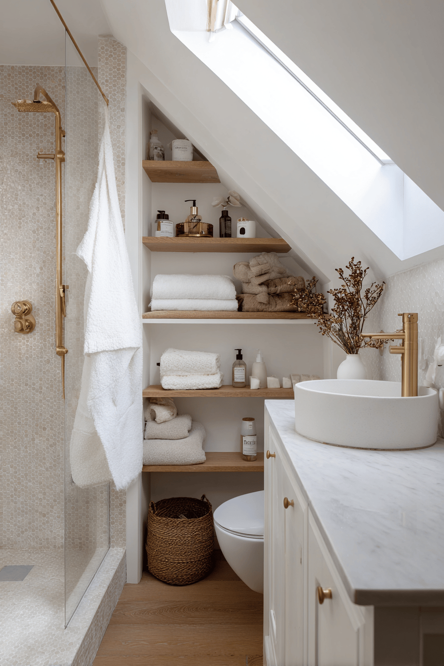 Modernes Badezimmer mit Dachschräge, Holzregalen und rundem Eckwaschbecken