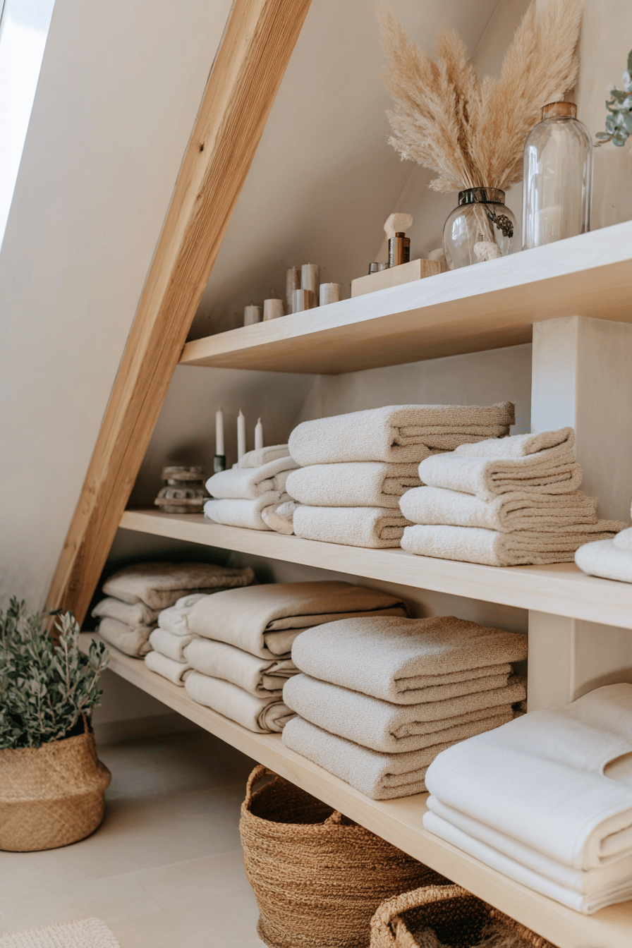 Faltbare Handtücher auf offenen Holzregalen unter einer Dachschräge