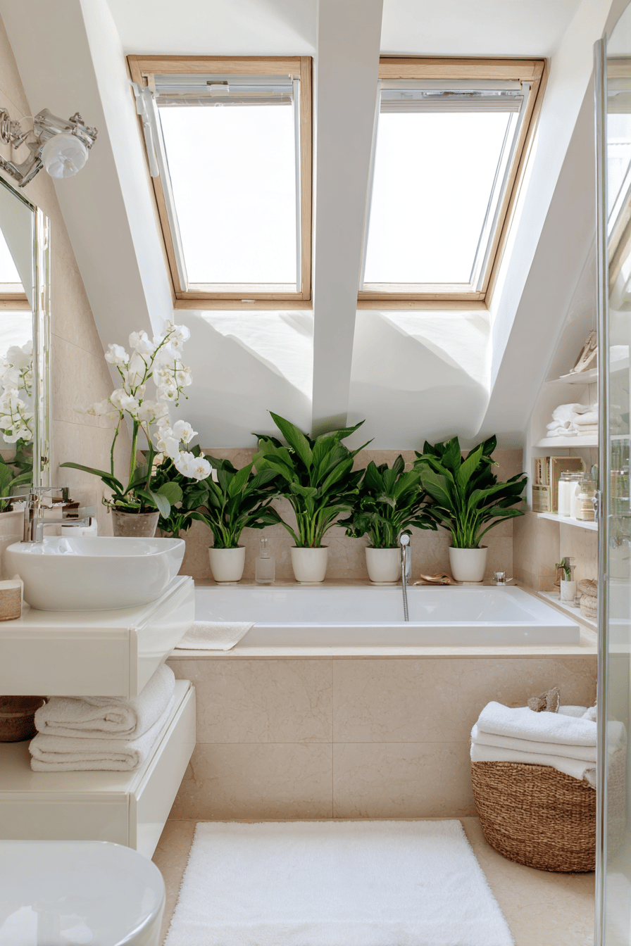 Helles Badezimmer mit Dachschräge, Badewanne und großen Dachfenstern