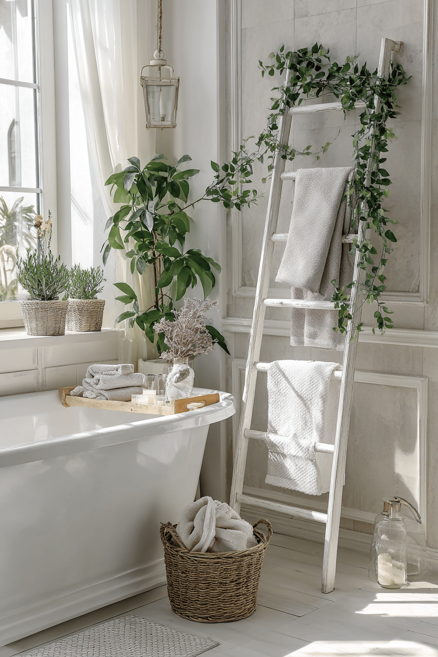 Badezimmer mit stilvoller Leiter als Handtuchhalter und dekorativen Pflanzen um die Badewanne herum.