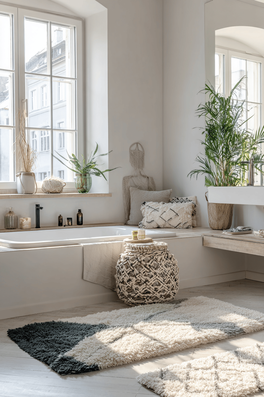 Modernes Badezimmer mit Boho-Dekor und flauschigem Teppich.