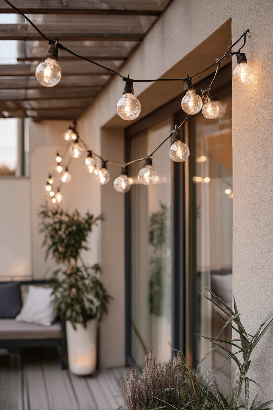 Eine gemütlich beleuchtete Terrasse mit Lichterketten, die an der Pergola hängen.