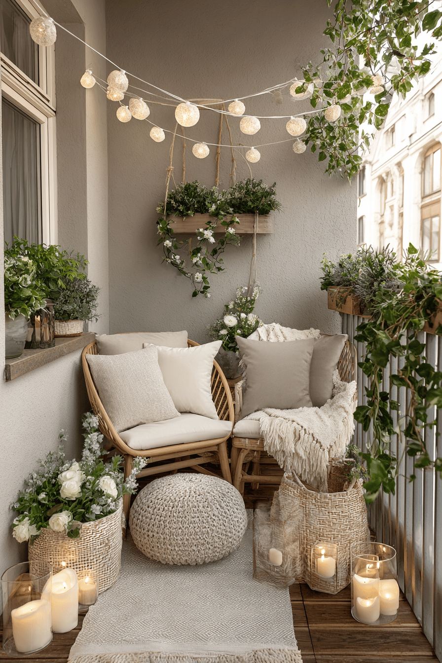 Gemütlicher Balkon mit Lichterkette, Kerzen, Pflanzen und Rattanmöbeln.