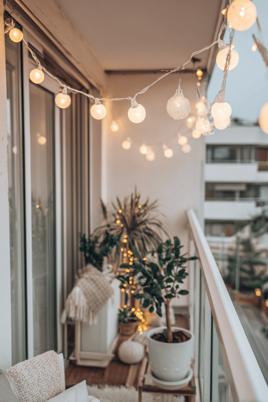 Romantisch gestalteter Balkon mit einer Lichterkette, die um das Geländer gewickelt ist.