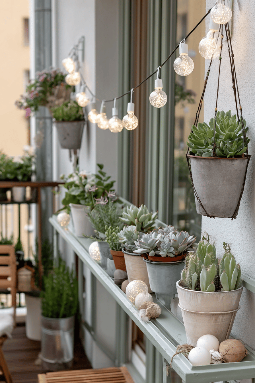 Balkon mit Pflanzen in Töpfen und Lichterkette im Hintergrund.