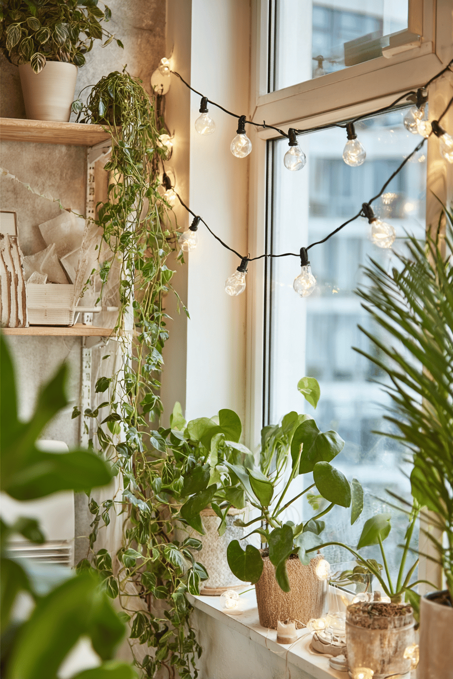 Ein Balkon mit grünen Pflanzen und Lichterketten, die eine gemütliche Atmosphäre schaffen.