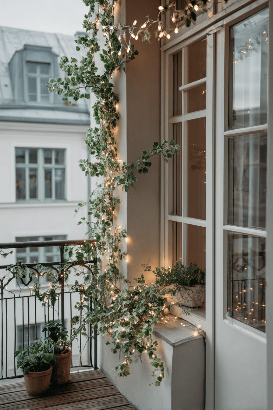 Balkon mit Lichterketten, die sich um Kletterpflanzen ranken.