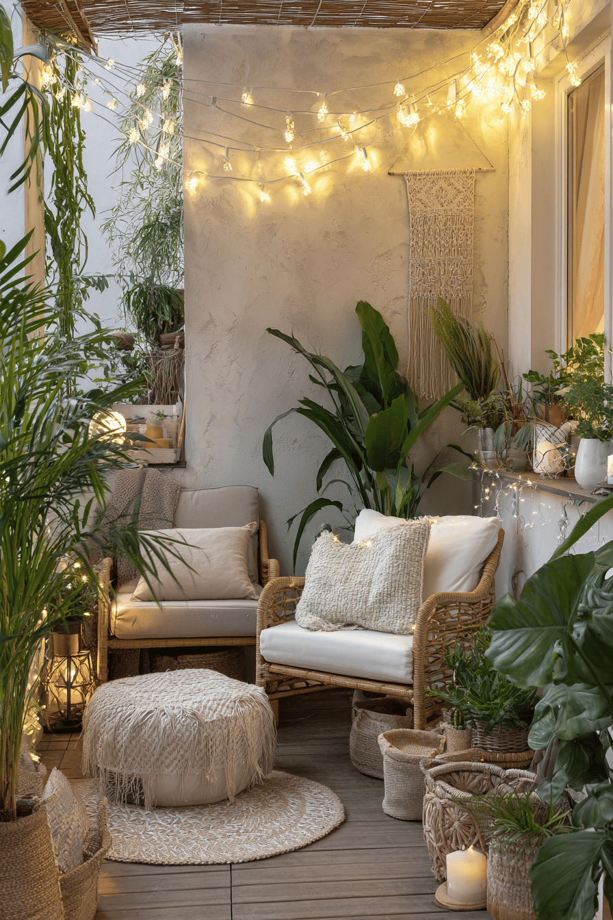 Gemütlicher Balkon im Boho-Stil mit Lichterketten, Pflanzen, und Rattanmöbeln.
