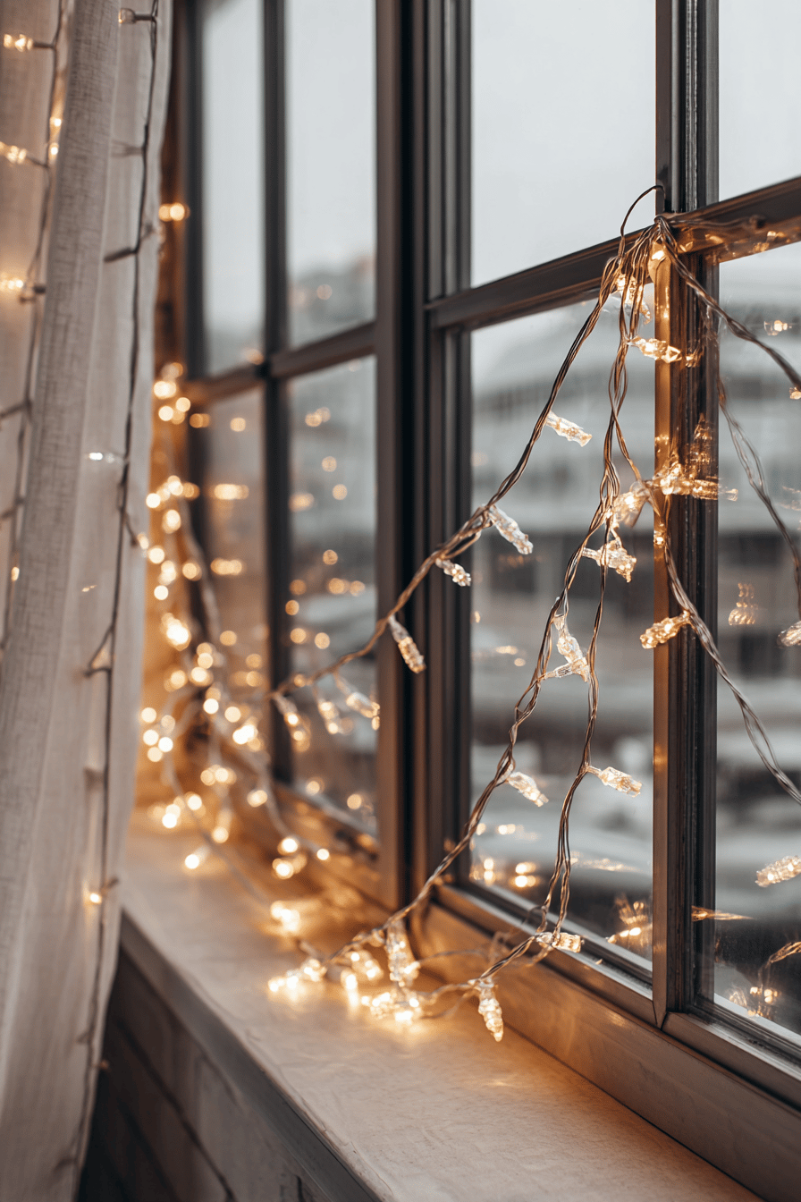 Fensterrahmen mit warmweißen Lichterketten geschmückt.