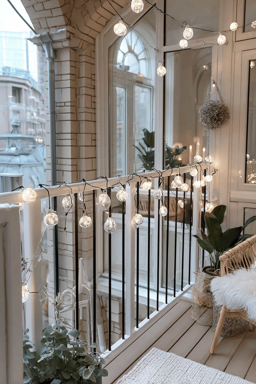 Ein stilvoll dekorierter Balkon mit einer Lichterkette an den Handläufen, Pflanzen und gemütlichem Sitzbereich.