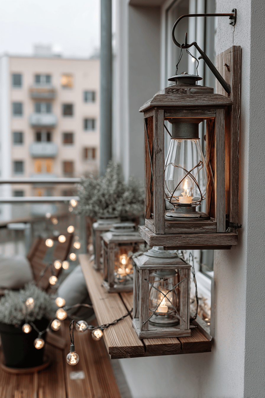Rustikale Laternen mit warmen Lichterketten auf einem Balkon.