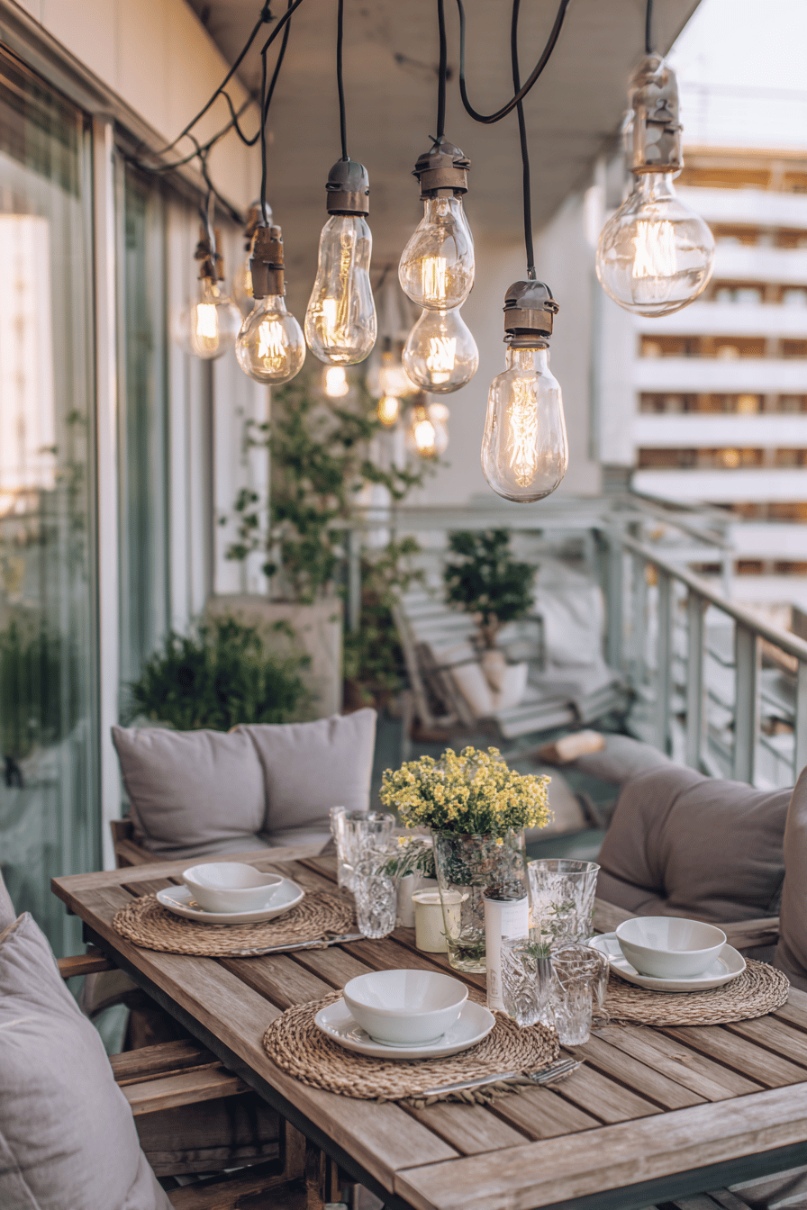 Ein stilvoll gedeckter Balkon-Tisch mit hängenden Glühbirnen-Lichterketten.