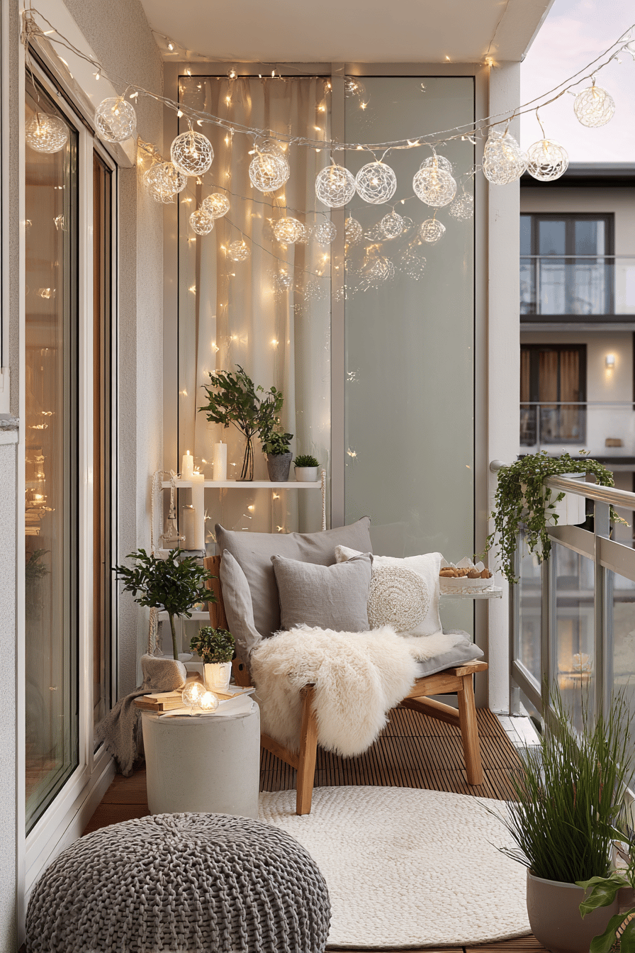 Gemütlich gestalteter Balkon mit einer Lichterkette und Sitzgelegenheit.