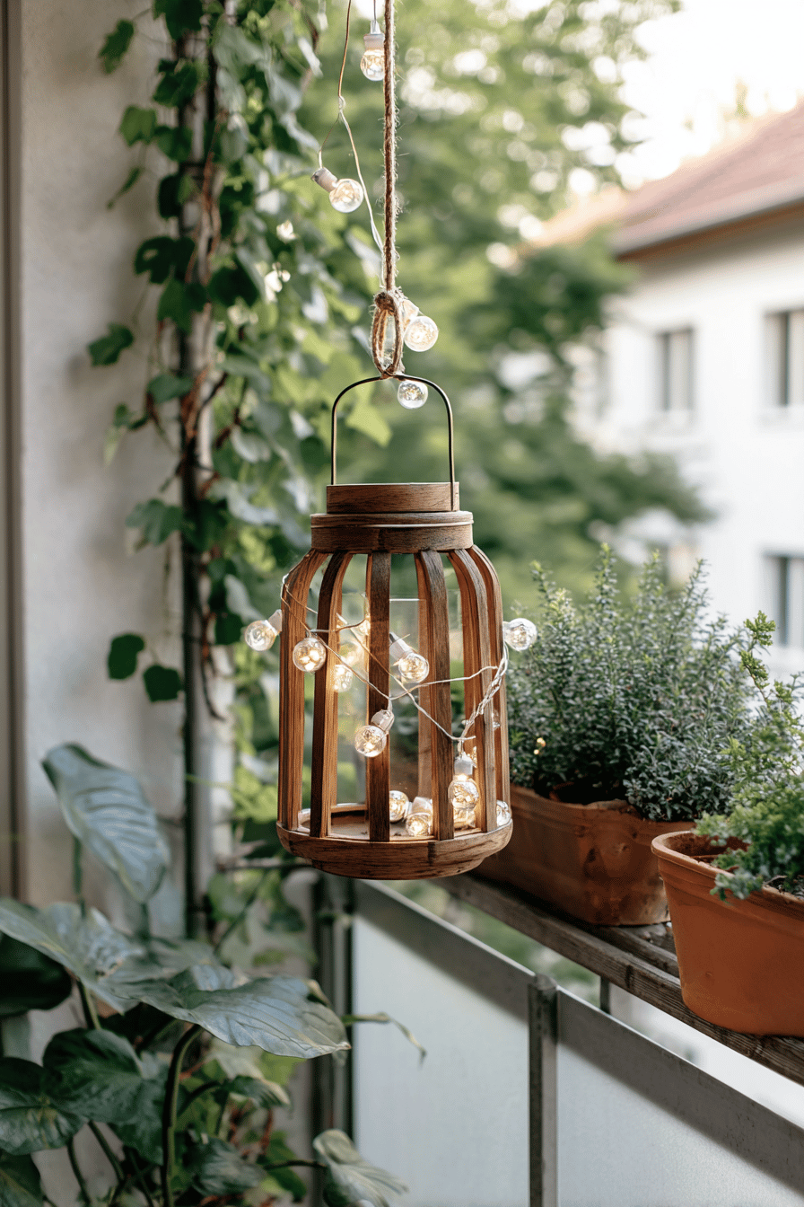 Eine rustikale Laterne mit Lichterkette auf einem Balkon, umgeben von Pflanzen.