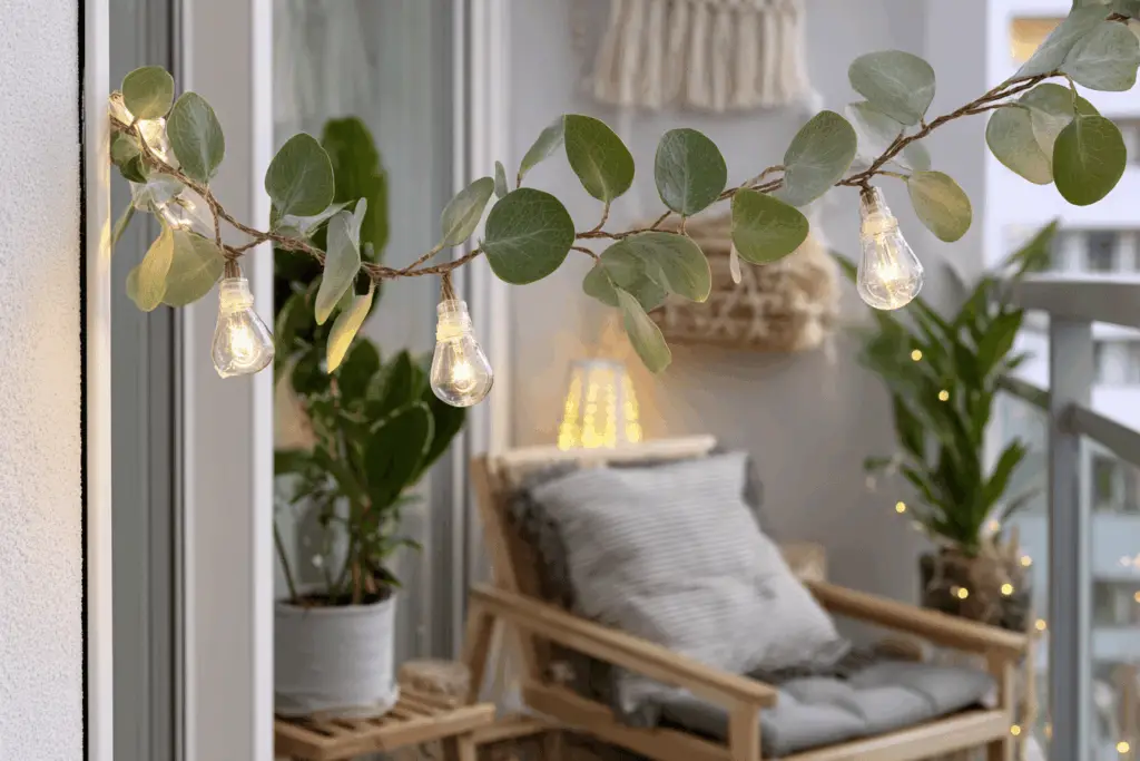 Gemütlicher Balkon mit Lichterkette, Pflanzen und Sitzbereich